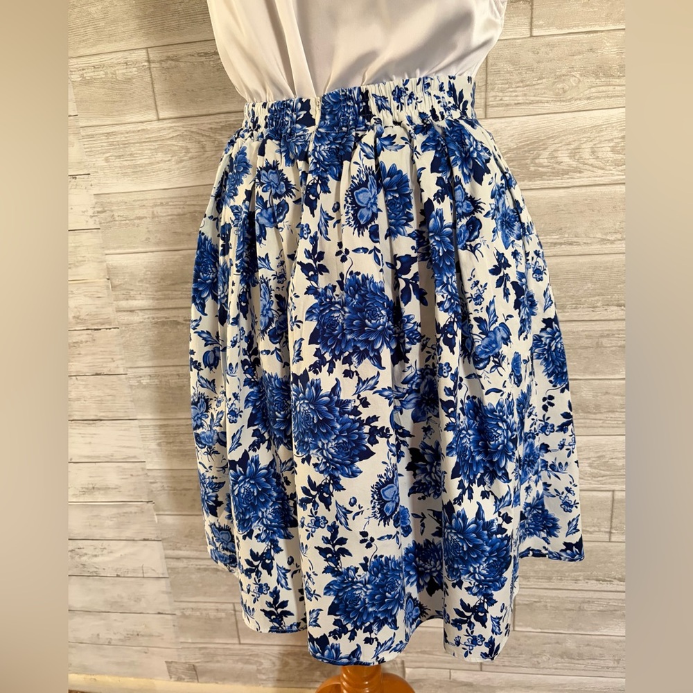 Blue Floral A-Line Skirt - White & Blue